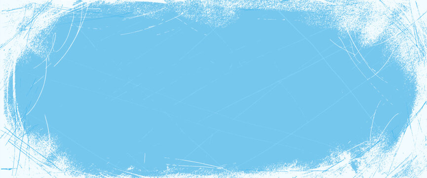 Snow grunge texture with retro oval frame and scratch lines on blue snow background. Worn frost overlay on cold rink with ice grunge edge for winter banner. Aged vector backdrop in rough finish.