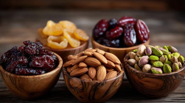 Artisan wooden bowls filled with assorted dried fruits and nuts, almonds, dates, pistachios, arranged organically, rustic wooden surface, soft warm light, macro food photography st