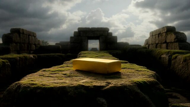 A mysterious ancient site with a golden artifact surrounded by weathered stone ruins under a dramatic sky.