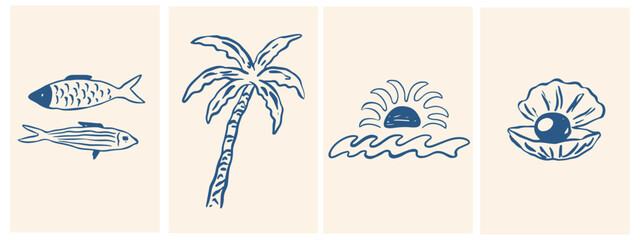 Obraz premium Italian amalfi sicily doodle beach illustration set. Summer vacation, tropical naive coastal sketch style elements palm tree, sun, seashell. Vector sea travel collection for card, poster, placard