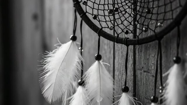 Dreamcatcher with feathers in black and white close-up  