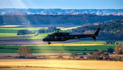 Fototapeta premium Military helicopter over rural fields