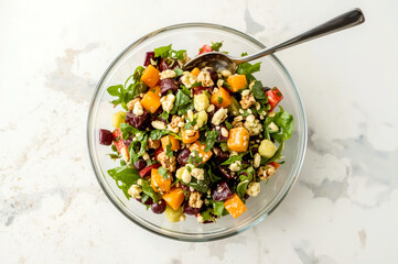 Glass bowl with vegetarian salad