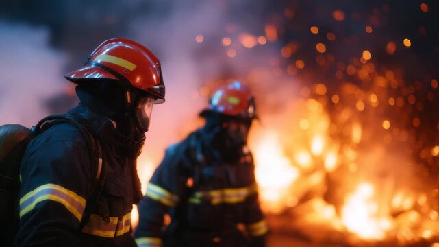 Soft-focus firemen in action at emergency scene, hoses and protective equipment visible, cinematic disaster response image with open copy space