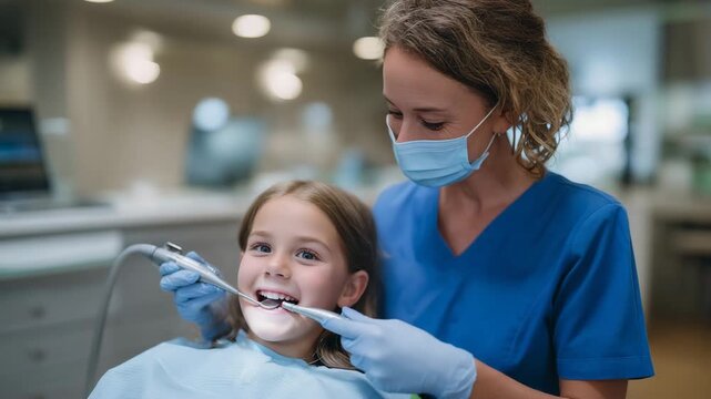 Softly blurred dentist performing professional teeth polishing for child patient, modern electric dental equipment in use, pediatric oral health service, clean medical interior, ge