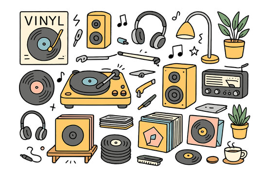 Retro Vinyl Wonderland. Vinyl display. Hand-drawn doodle illustration record player (colored), vinyl records (colored), turntable (colored), speaker (colored),