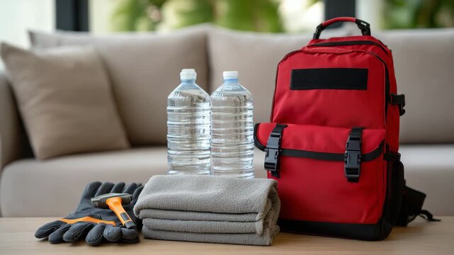 Survival kit essentials arranged around emergency backpack, living room setting, water, medical gear, tools, disaster preparedness and family safety theme