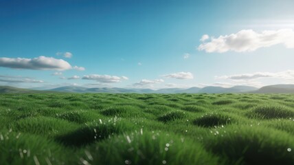 Fototapeta premium A vibrant green grassy field with small bumps extends under a clear blue sky.