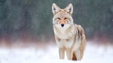 Coyote stands in snow during winter in a forest landscape
