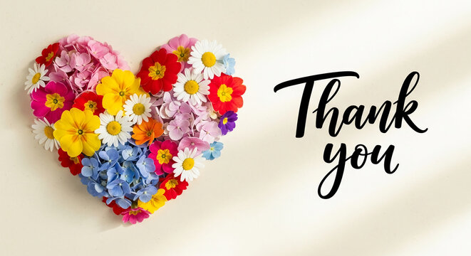 Floral heart shape made of colorful flowers on light background with "Thank you" text, expressing gratitude, perfect for appreciation or festive occasion