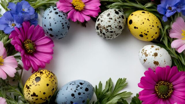 Top-down Easter flat lay featuring colorful quail eggs, blooming spring flowers framing composition, white background, soft natural light, copy space