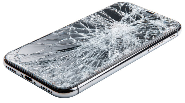 Broken smartphone with shattered cracked screen isolated on transparent background, damaged mobile phone display, technology accident repair service insurance concept device