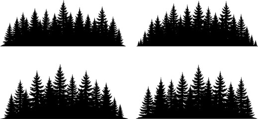 Black spruce forest silhouette set, pine tree woods landscape, evergreen coniferous timberland, nature park outdoor environment, wilderness flat vector illustration. © Mojahid