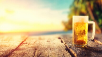 Fototapeta premium Enjoying cold beer on wooden table by the beach at sunset time