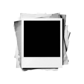 Black and white halftone illustration of a blank instant photo frame stack. Retro polaroid picture template isolated on white background in vintage engraving style.