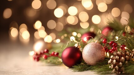 Obraz premium Holiday ornaments and greenery on a light background during the festive season