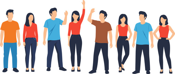 Obraz premium Diverse group of young people standing together in casual outfits, flat vector illustration of men and women isolated on white.