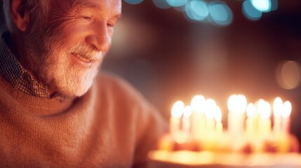 Fototapeta premium Elderly man enjoys birthday cake surrounded by glowing candles at night
