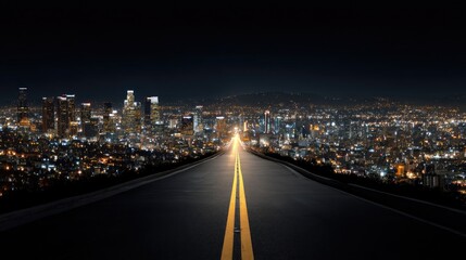 Obraz premium A Long Empty Road Leading to a Vibrant Cityscape at Night with Bright Lights and Urban Skyline Under a Dark Sky