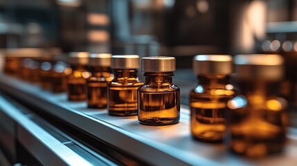 Row of amber glass bottles with metallic caps positioned on a conveyor belt inside a modern pharmaceutical manufacturing facility with blurred background elements