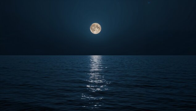 Hanging full moon centered at horizon, casting gleam across open ocean, faint stars twinkling