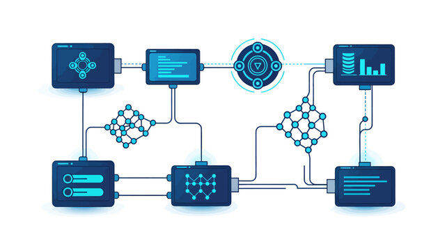 A blue flowchart with various connected boxes and symbols.
