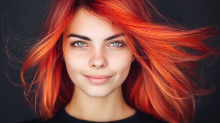 Fototapeta premium Young woman with bright orange hair smiles in a studio setting