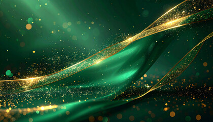 Obraz premium エメラルドの布波にゴールドの輝線が走るリッチな抽象背景