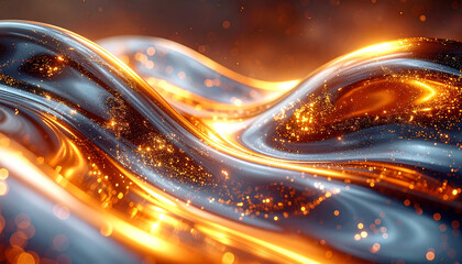 Obraz premium ダークブラウンにシルバーとオレンジ発光波が蛇行するサイバー抽象背景