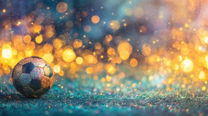 Fototapeta premium Soccer ball on a field with lights and sparkles during a night game