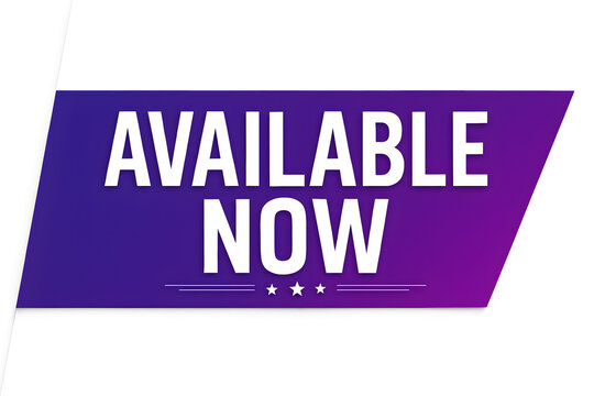 Available now purple banner with white text and stars