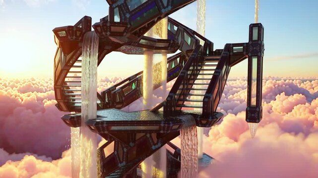 Futuristic glass megastructure with cascading waterfalls floating above soft pastel clouds, intricate geometric architecture and metallic surfaces. concept of utopian future and visionary technology