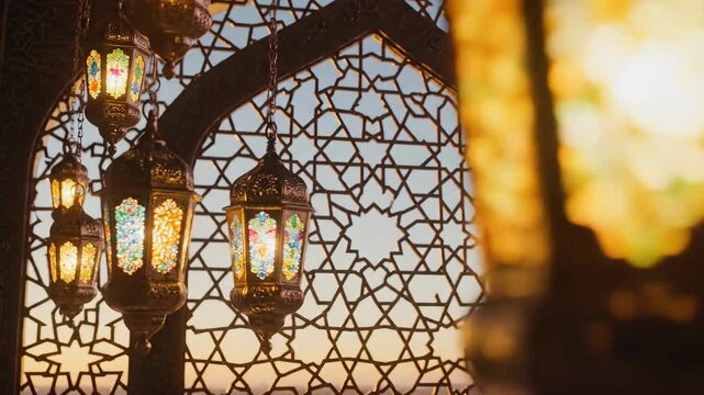 Traditional metal lanterns glowing against ornate islamic archway patterns. Decorative arabic light fixtures in window frame. Ramadan and Eid celebration concept.