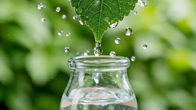 Water dripping from a fresh green leaf into a glass bottle. Natural hydration concept. Pure liquid ecological process, environmental conservation, organic supply.