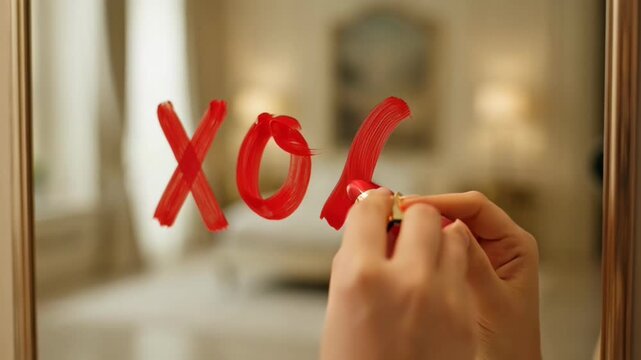 Woman's hands writing XOXO with red lipstick on a bathroom mirror, leaving a romantic message.