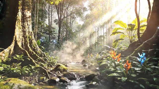 Sunlight streams through a dense, mossy forest with a rapidly flowing river.