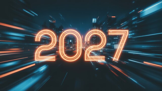 Futuristic Cyberpunk Cityscape with Glowing Orange Neon 2027 new year Typography Blurred Motion Light Streaks for Digital Greeting Cards Tech Event Banners and Modern Promotional Materials