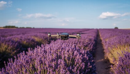 Fototapeta premium Hovering consumer quadcopter drone filming lavender rows on farm, showing camera, path, treeline