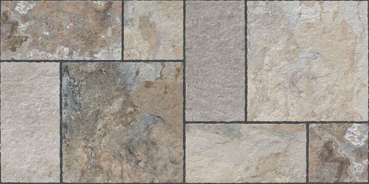 Rustic natural stone tile texture background with irregular patterns and earthy tones, ideal for flooring, wall cladding, or outdoor paving designs