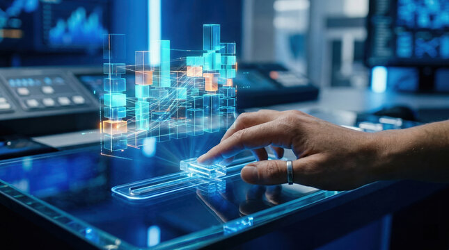 Hand interacts with futuristic digital interface featuring holographic data blocks and glowing elements, illustrating timeboxing and micro