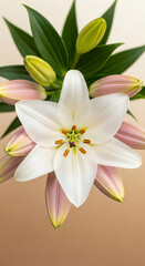 Obraz premium Close-up of a white lily bloom surrounded by pink buds and green leaves, represents purity, beauty and elegance, ideal for floral or botanical themes