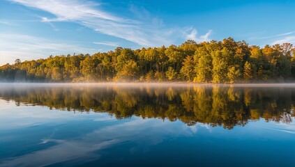 Reflecting deciduous treeline with green-to-yellow foliage mirroring on calm lake at morning, mist