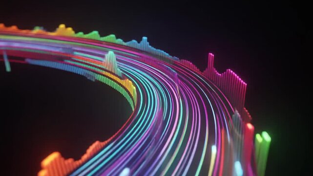 Vibrant colorful lines move swiftly through dark space in mesmerizing pattern