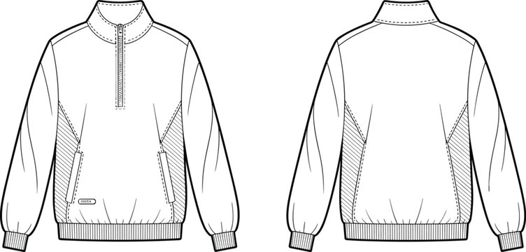 Half Zip Sweatshirt CAD Drawing Flat Vector Illustration, Front and Back Technical Fashion Template Athletic Pullover Jacket Design