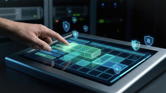 Hand interacts with digital interface displaying holographic elements, illustrating timeboxing and micro scheduling in technology