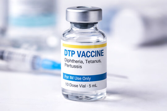DTP vaccine vial for diphtheria tetanus and pertussis with syringe on medical background