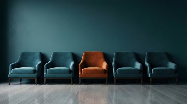 A striking burnt orange armchair boldly stands out in a line of four teal chairs, symbolizing individuality and distinction within a sleek, modern interior setting, offering a unique perspective.