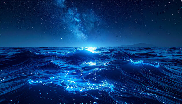 荒れる夜の海面と天の川の輝く光柱