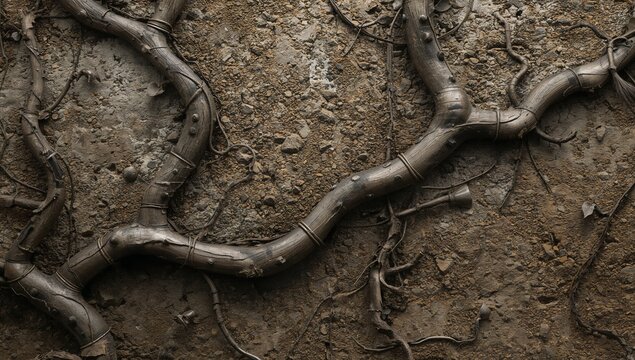 Displaying large curving woody root running across compacted ground, with rootlets, pebbles