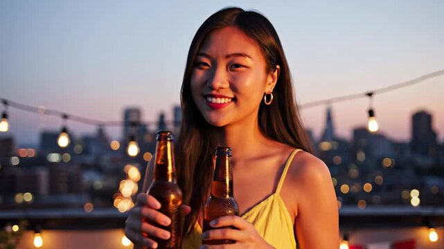 Happy asian woman celebrating on rooftop at sunset. Girl drinking beer from bottle and winking at camera. Urban city lifestyle event with glowing string light.